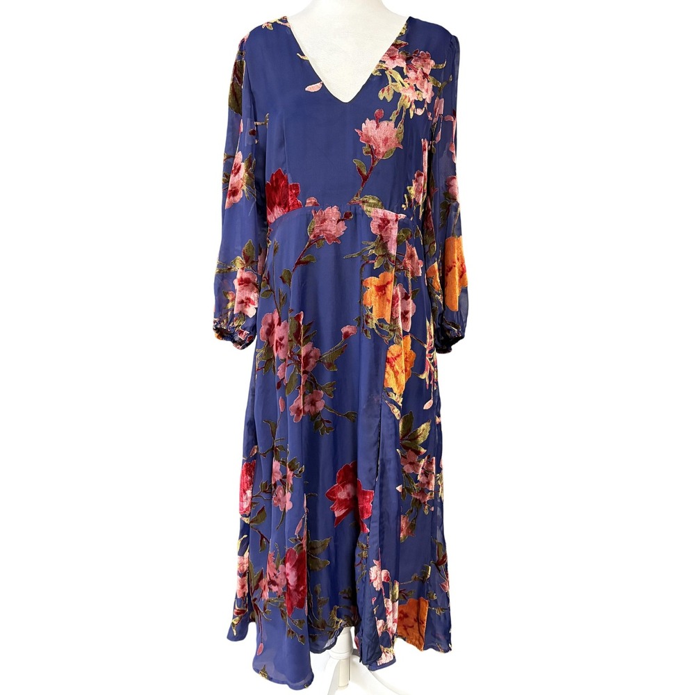 Yumi Kim‎ Dress Womens XL Blue Serenade Velvet Burnout Floral Midi Long Sleeve